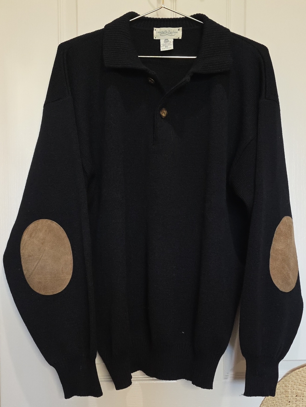 Wool Black V-Neck Polo Sweater with Brown Elbow Patches XL